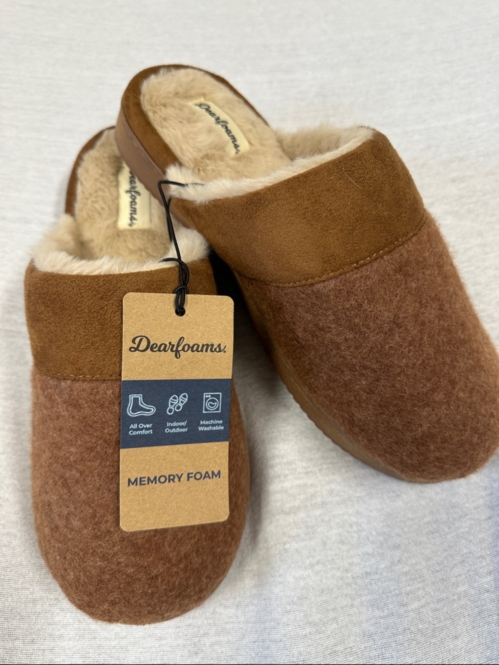 dearfoams Chestnut Brown Faux-Fur Memory Foam Slip-On Slippers Size Small 7-8 US